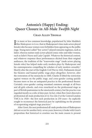 Antonio's (Happy) Ending: Queer Closure in All-Male Twelfth Night