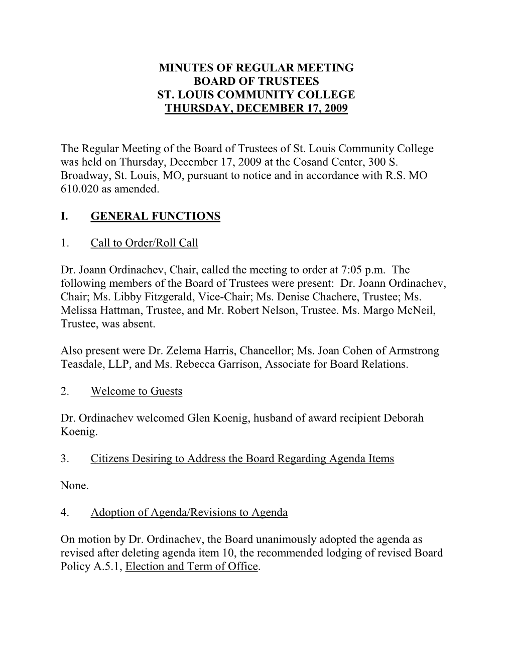 SLCC Board of Trustees Meeting Minutes, December 17, 2009