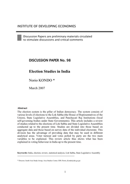 Election Studies in India (Discussion Papers No.098)