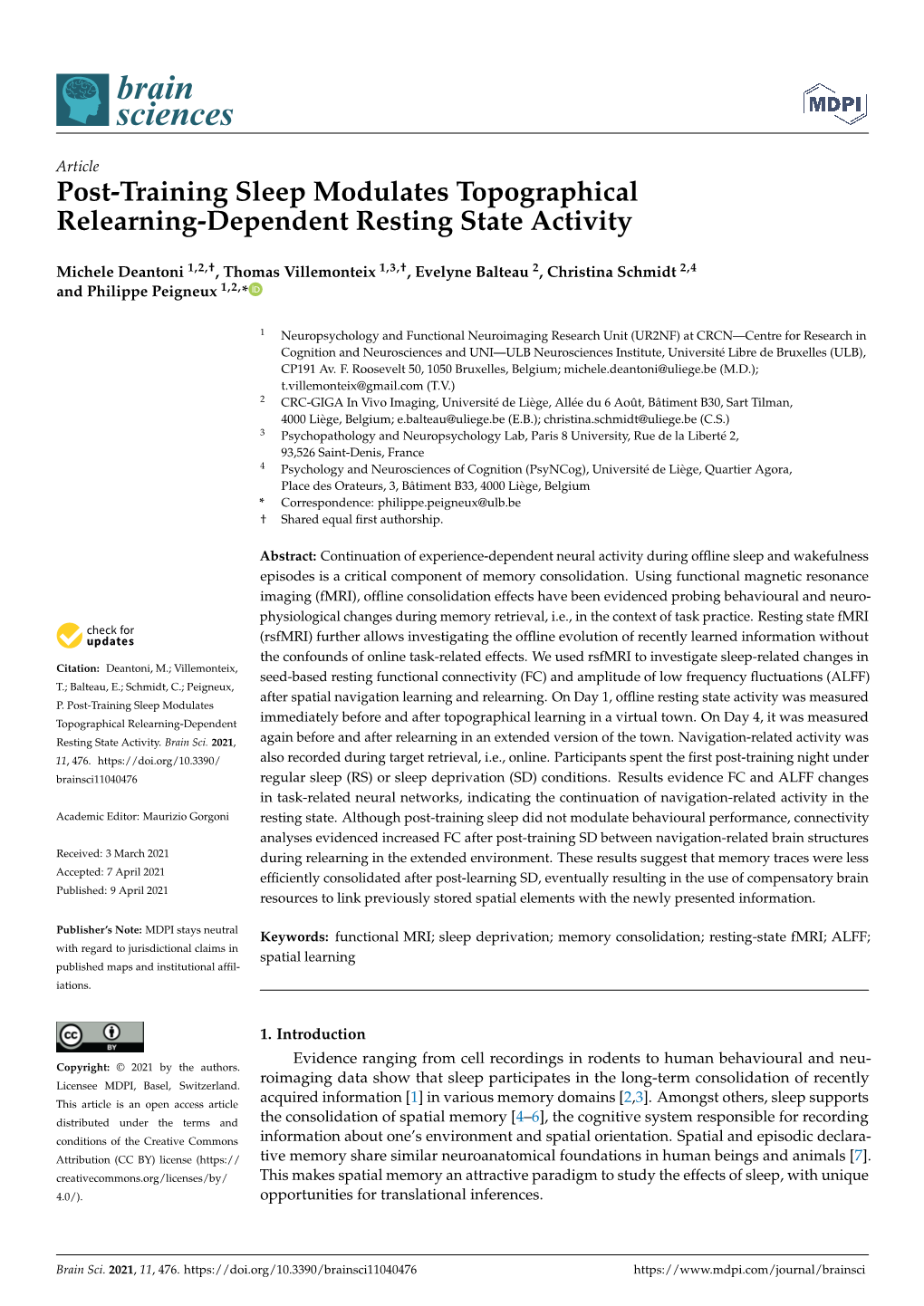 Post-Training Sleep Modulates Topographical Relearning-Dependent Resting State Activity