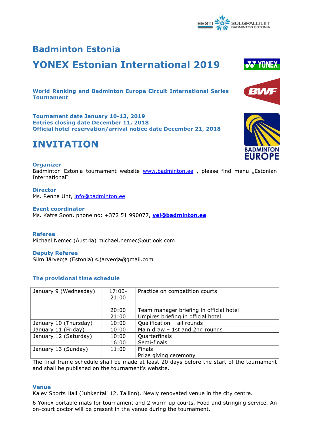 YONEX Estonian International 2019 INVITATION