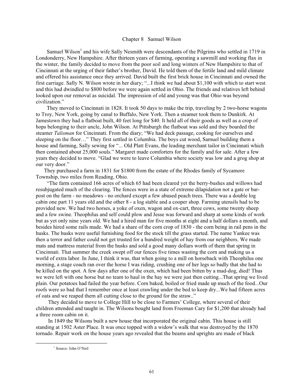 Chapter 8 Samuel Wilson Samuel Wilson1 and His Wife Sally Nesmith Were Descendants of the Pilgrims Who Settled in 1719 in Lond