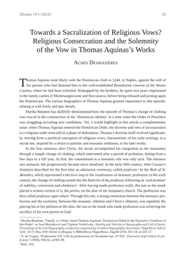 Religious Consecration and the Solemnity of the Vow in Thomas Aquinas’S Works