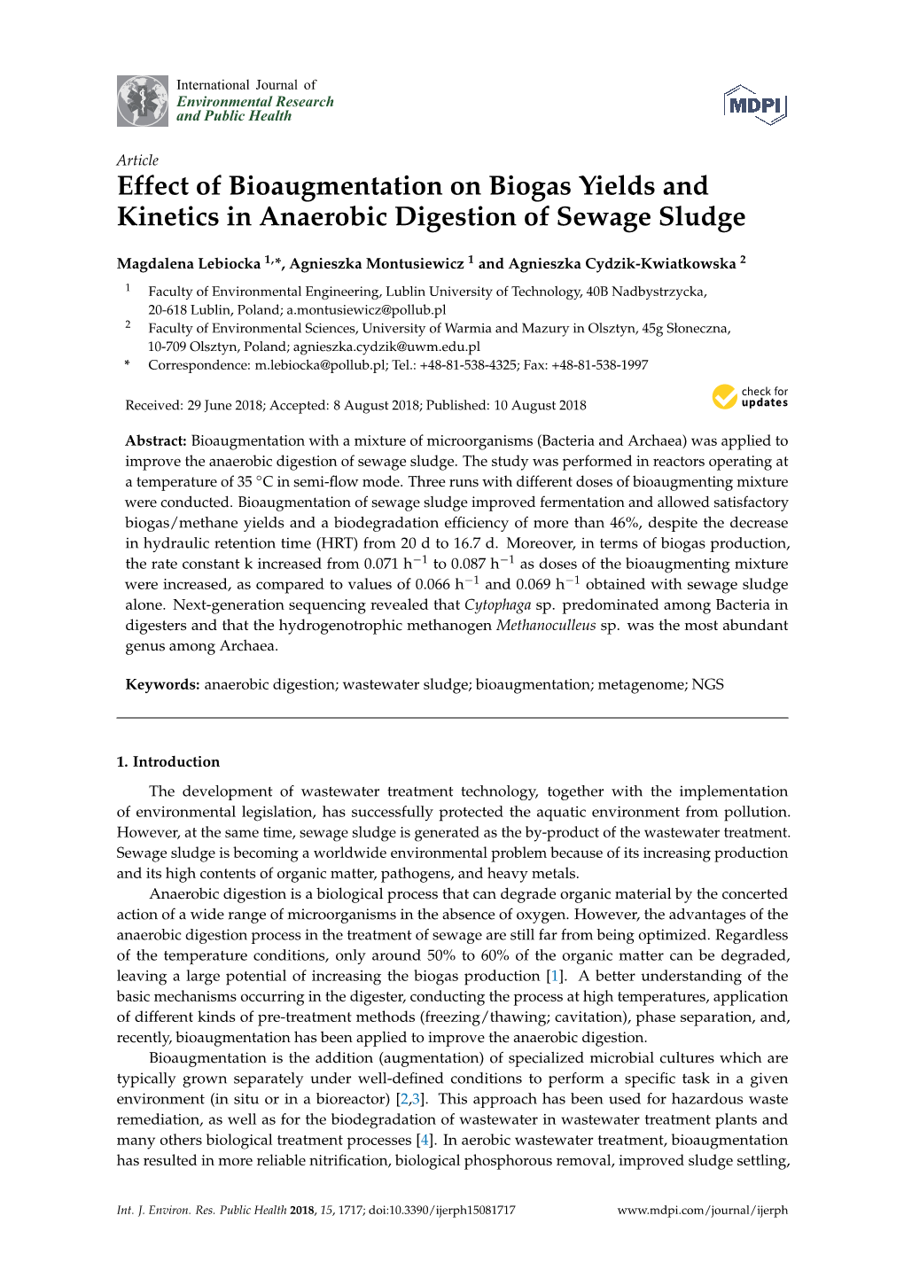 Effect of Bioaugmentation on Biogas Yields and Kinetics in Anaerobic Digestion of Sewage Sludge