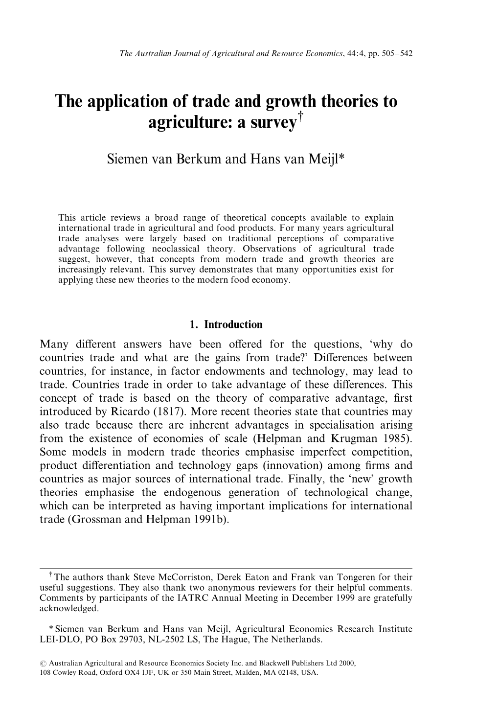 The Application of Trade and Growth Theories to Agriculture: a Survey{