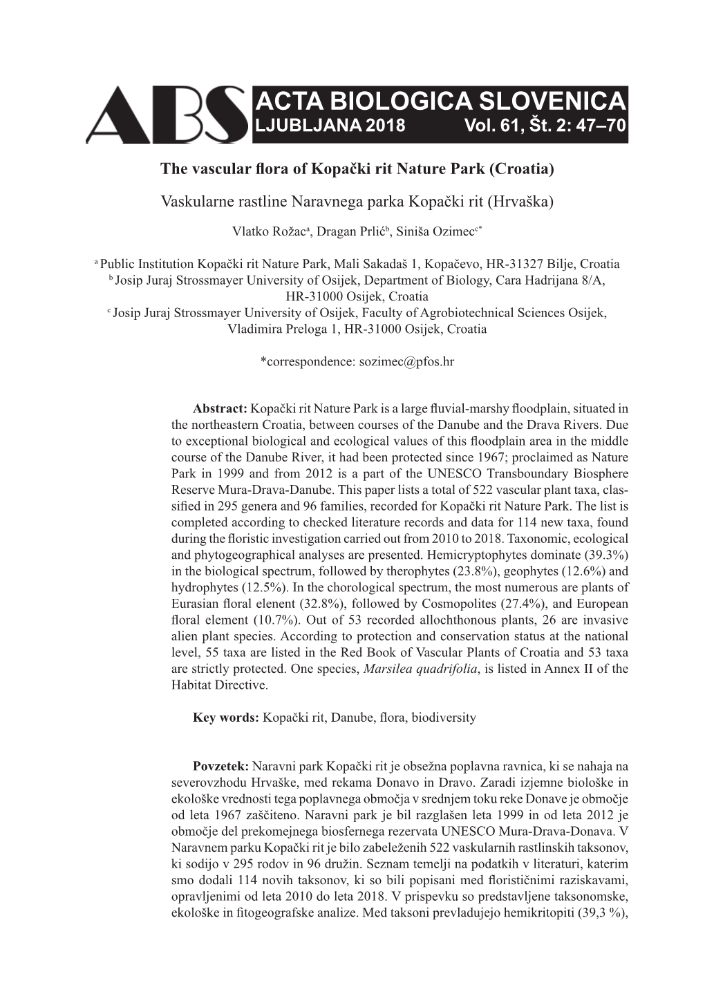 The Vascular Flora of Kopački Rit Nature Park (Croatia) Vaskularne Rastline Naravnega Parka Kopački Rit (Hrvaška)