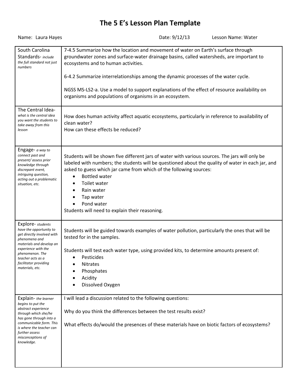 The 5 E S Lesson Plan Template