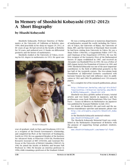 In Memory of Shoshichi Kobayashi (1932–2012): a Short Biography by Hisashi Kobayashi