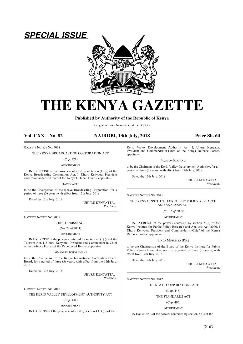 THE KENYA GAZETTE Published by Authority of the Republic of Kenya (Registered As a Newspaper at the G.P.O.)