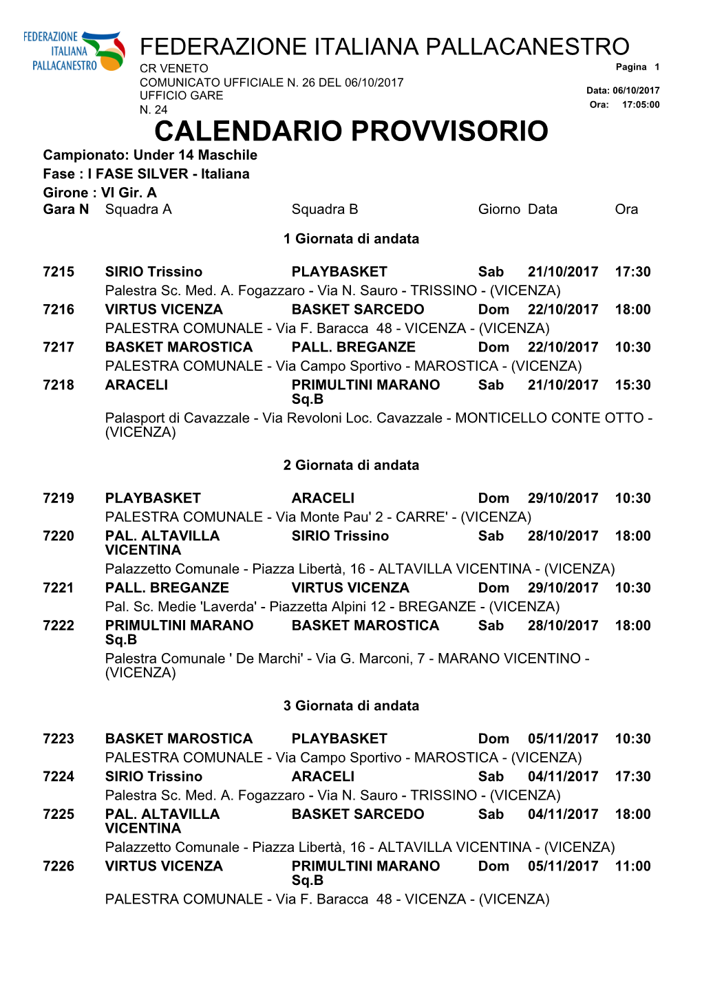 CALENDARIO PROVVISORIO Campionato: Under 14 Maschile Fase : I FASE SILVER - Italiana Girone : VI Gir