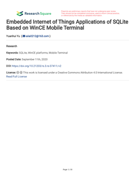 Embedded Internet of Things Applications of Sqlite Based on Wince Mobile Terminal