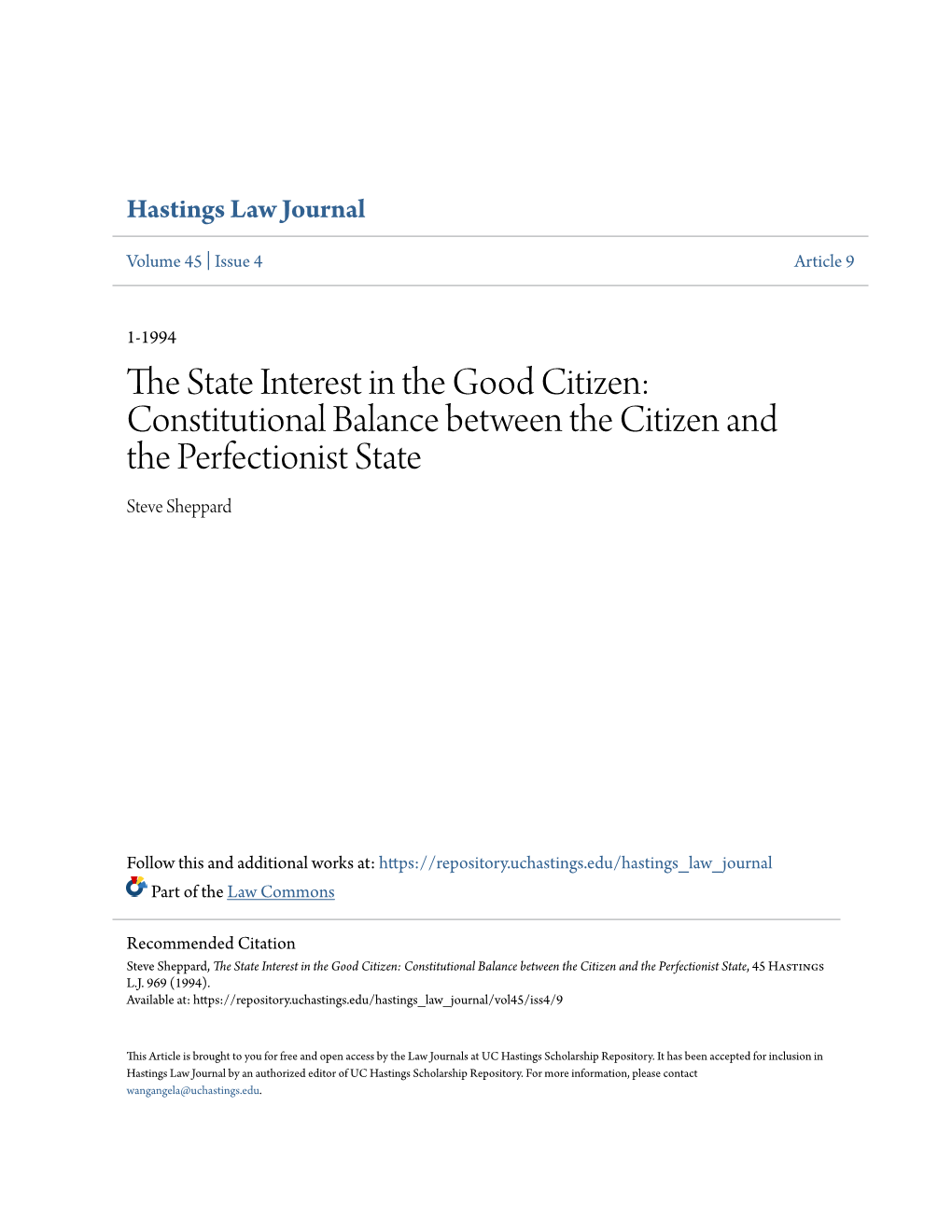 Constitutional Balance Between the Citizen and the Perfectionist State Steve Sheppard