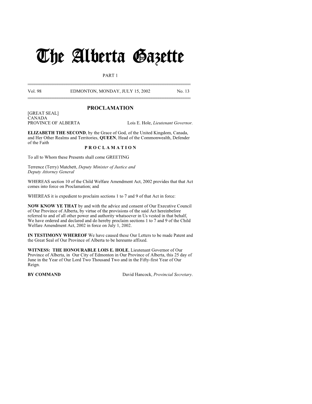 The Alberta Gazette, Part I, July 15, 2002