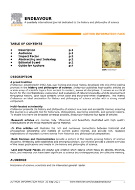 ENDEAVOUR a Quarterly International Journal Dedicated to the History and Philosophy of Science