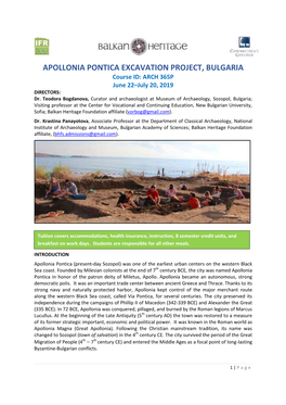 APOLLONIA PONTICA EXCAVATION PROJECT, BULGARIA Course ID: ARCH 365P June 22–July 20, 2019 DIRECTORS: Dr
