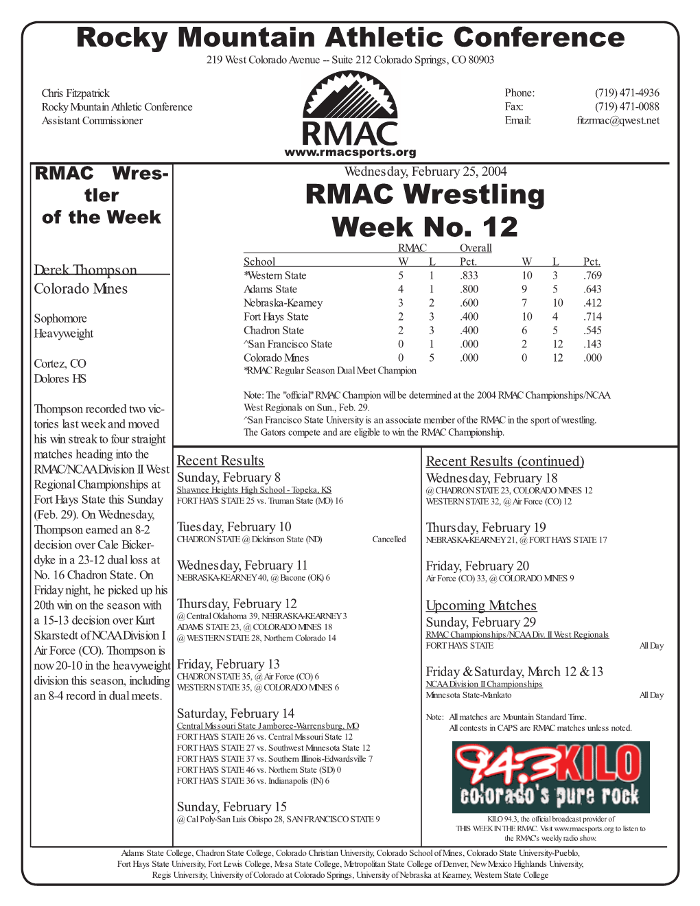 RMAC Wrestling Week No. 12 Rocky Mountain Athletic Conference