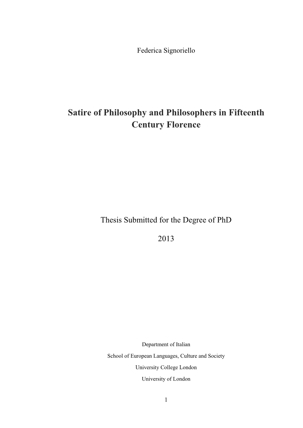 Satire of Philosophy and Philosophers in Fifteenth Century Florence