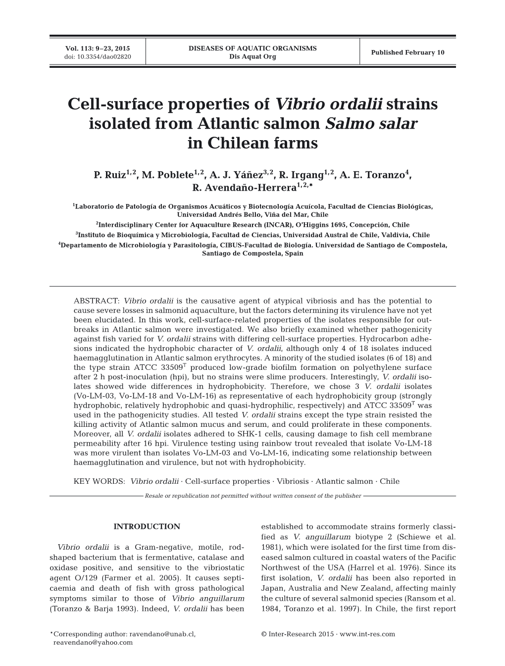 Cell-Surface Properties of Vibrio Ordalii Strains Isolated from Atlantic Salmon Salmo Salar in Chilean Farms