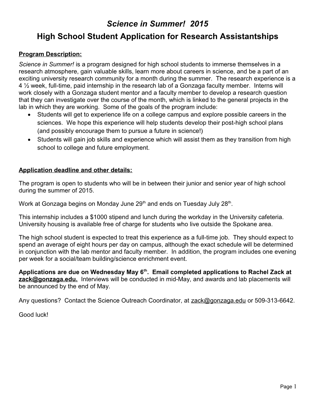 High School Student Application for Research Assistantships