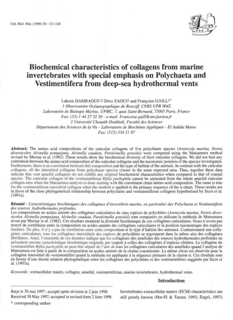 Biochemical Characteristics of Collagens from Marine Invertebrates with Special Emphasis on Polychaeta and Vestimentifera from Deep-Sea Hydrothermal Vents