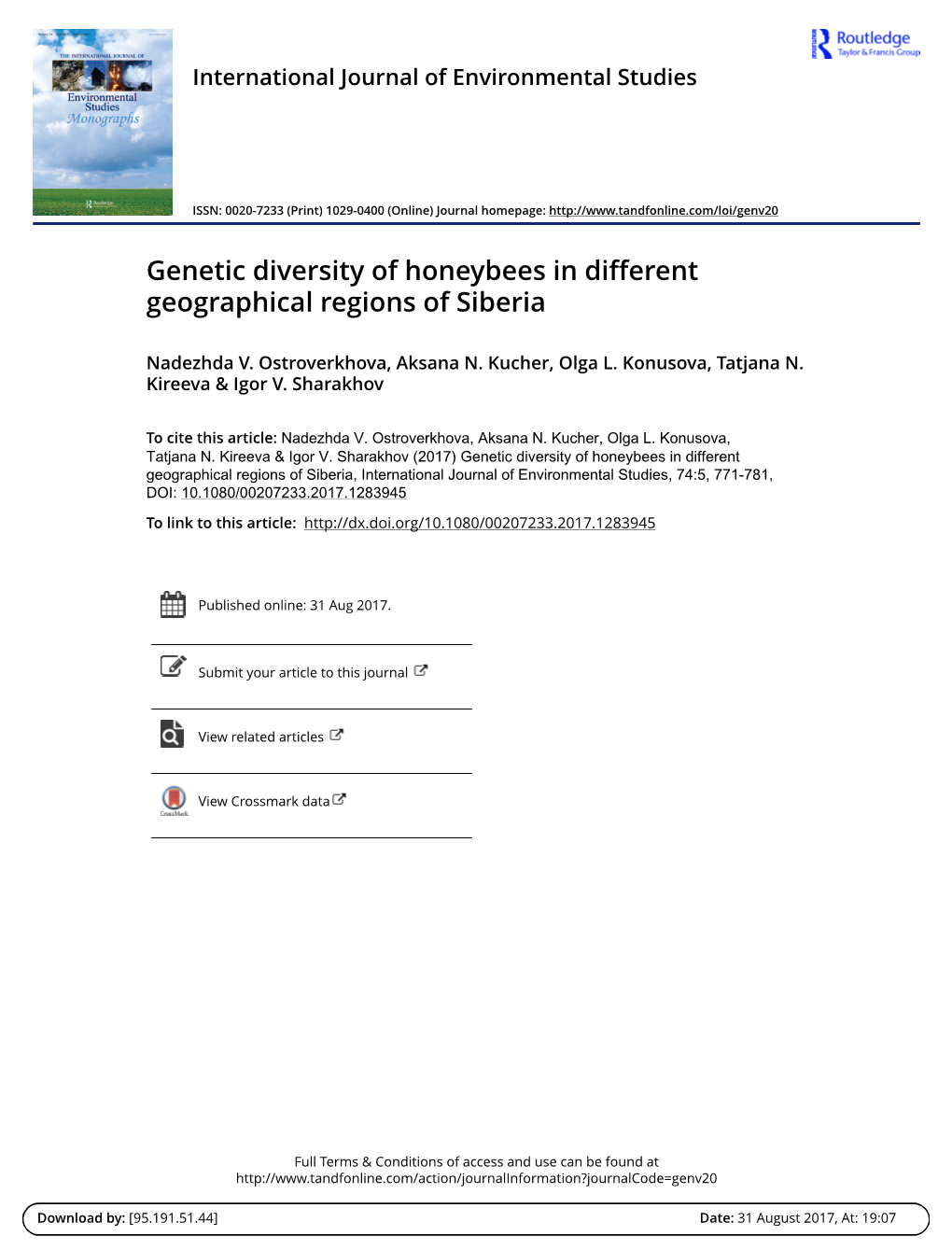 Genetic Diversity of Honeybees in Different Geographical Regions of Siberia