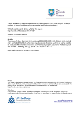 Nuclear Forensic Signatures and Structural Analysis of Uranyl Oxalate, Its Products of Thermal Decomposition and Fe Impurity Dopant