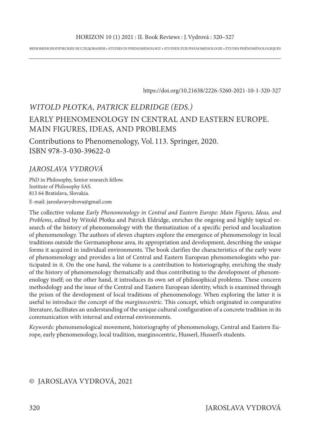 Witold Płotka, Patrick Eldridge (Eds.) Early Phenomenology in Central and Eastern Europe