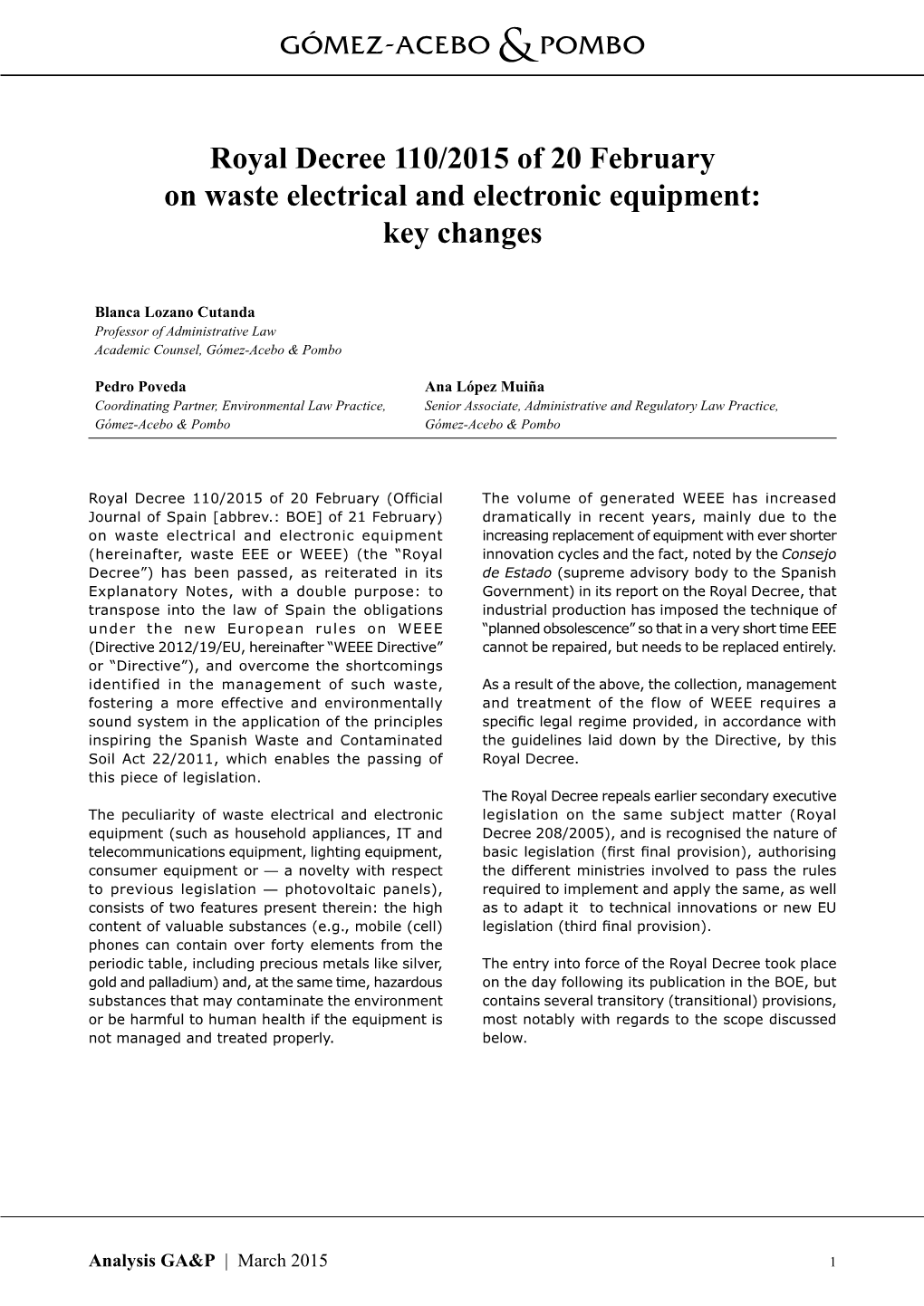 Royal Decree 110/2015 of 20 February on Waste Electrical and Electronic Equipment: Key Changes