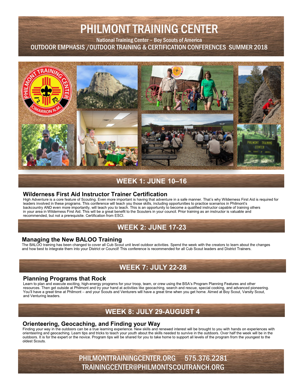 PHILMONT TRAINING CENTER National Training Center – Boy Scouts of America OUTDOOR EMPHASIS /OUTDOOR TRAINING & CERTIFICATION CONFERENCES SUMMER 2018