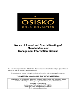 Notice of Annual and Special Meeting of Shareholders and Management Information Circular