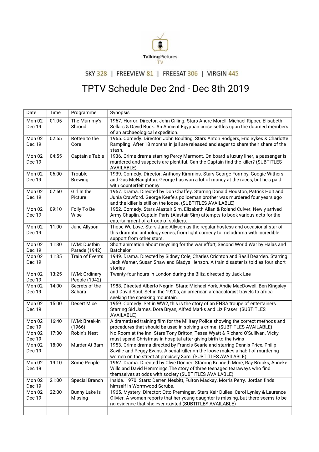 TPTV Schedule Dec 2Nd - Dec 8Th 2019