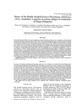 Status of the Ruddy-Headed Goose Chloephaga Rubidiceps (Aves, Anatidae): a Species in Serious Danger of Extinction in Fuego-Patagonia