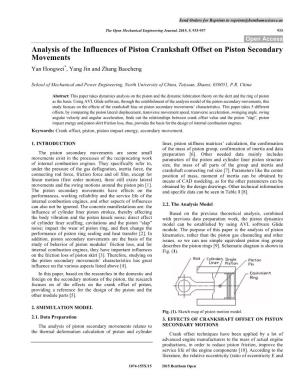 Analysis of the Influences of Piston Crankshaft Offset on Piston Secondary Movements Yan Hongwei*, Yang Jin and Zhang Baocheng