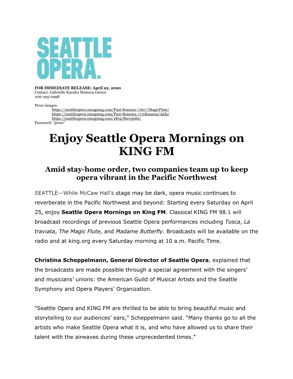 Enjoy Seattle Opera Mornings on KING FM