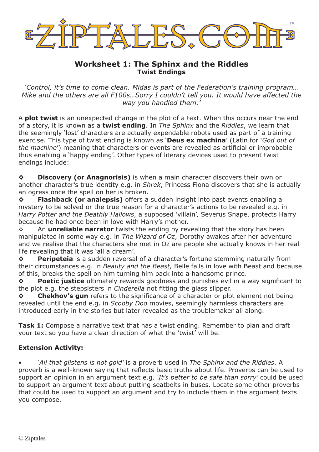 Worksheet 1: the Sphinx and the Riddles Twist Endings