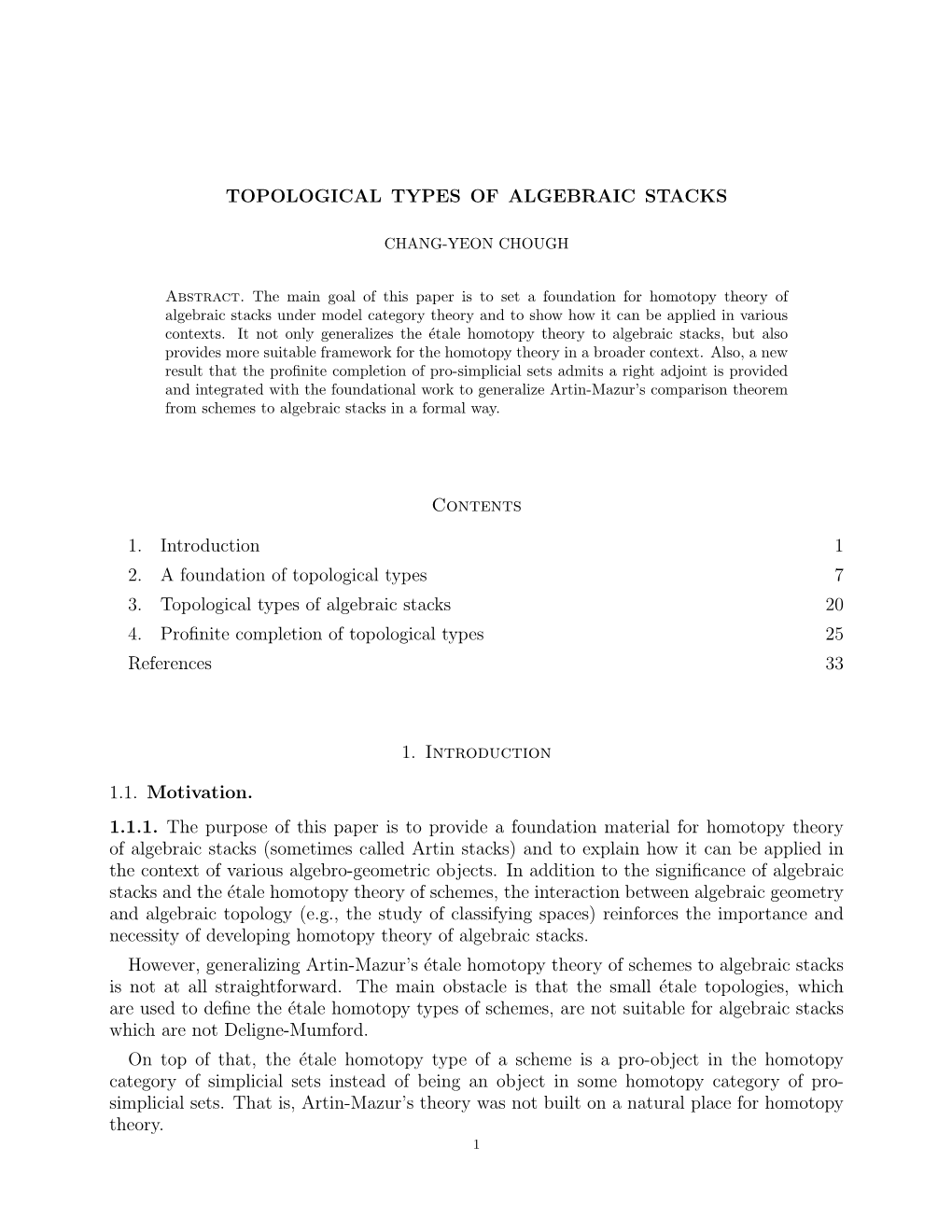 TOPOLOGICAL TYPES of ALGEBRAIC STACKS Contents 1