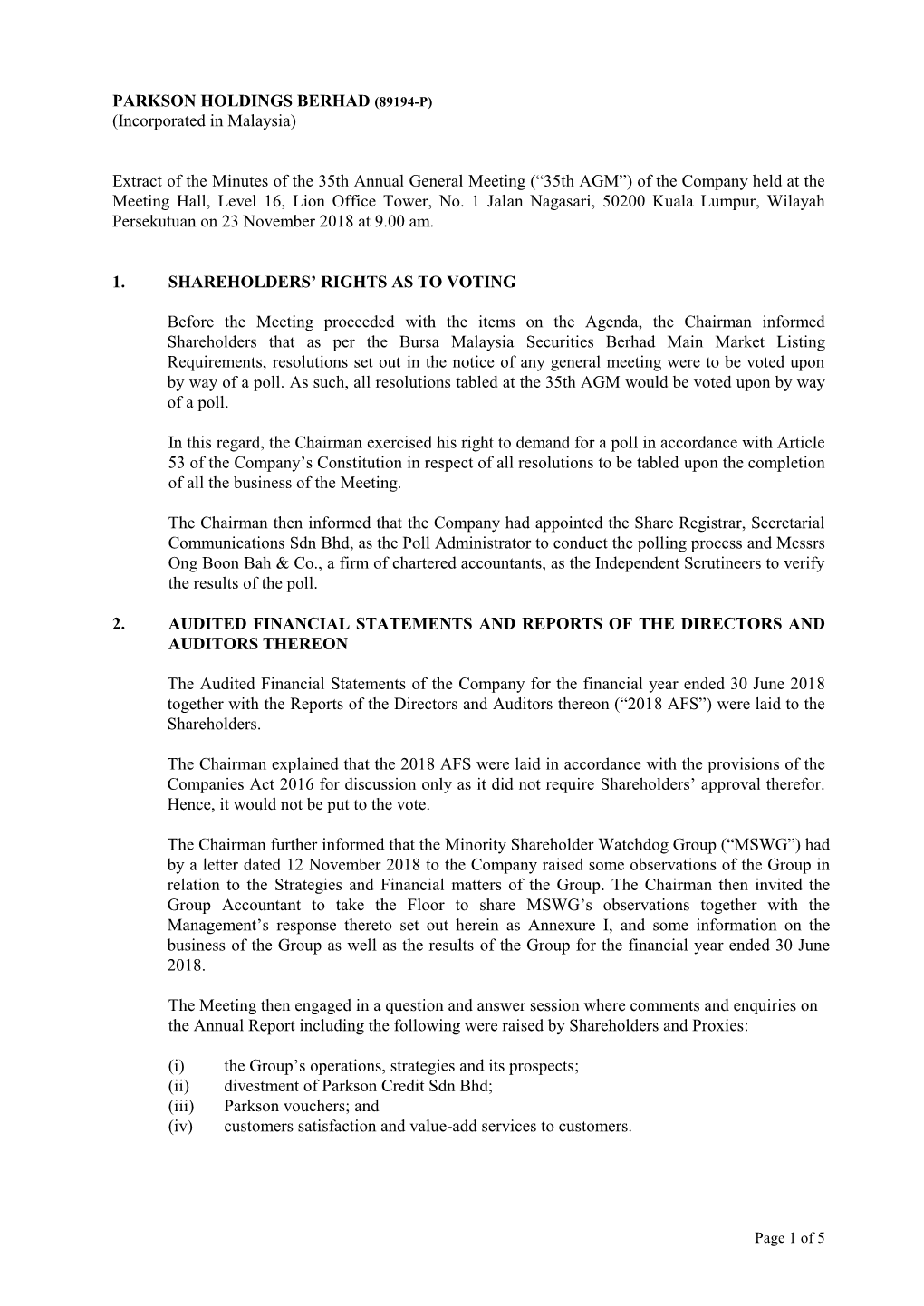 PARKSON HOLDINGS BERHAD (89194-P) (Incorporated in Malaysia)