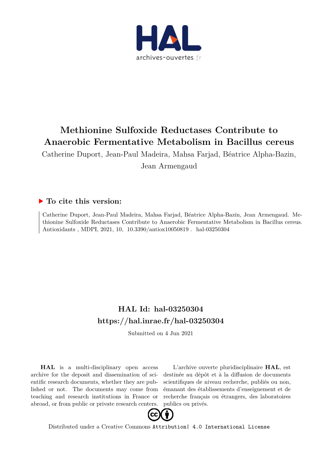 Methionine Sulfoxide Reductases Contribute to Anaerobic Fermentative Metabolism in Bacillus Cereus