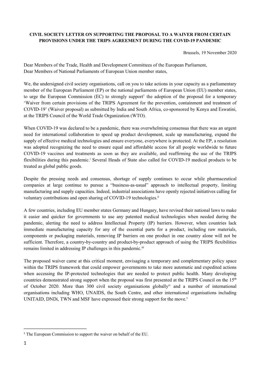 Joint Letter to EP on Covid19 WTO TRIPS Waiver