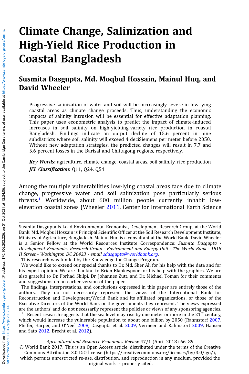 Climate Change, Salinization and High-Yield Rice Production in Coastal Bangladesh