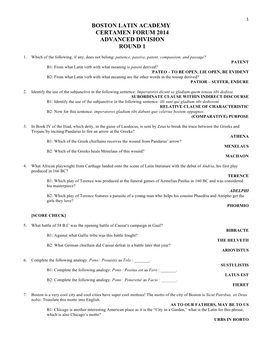 Boston Latin Academy Certamen Forum 2014 Advanced Division Round 1