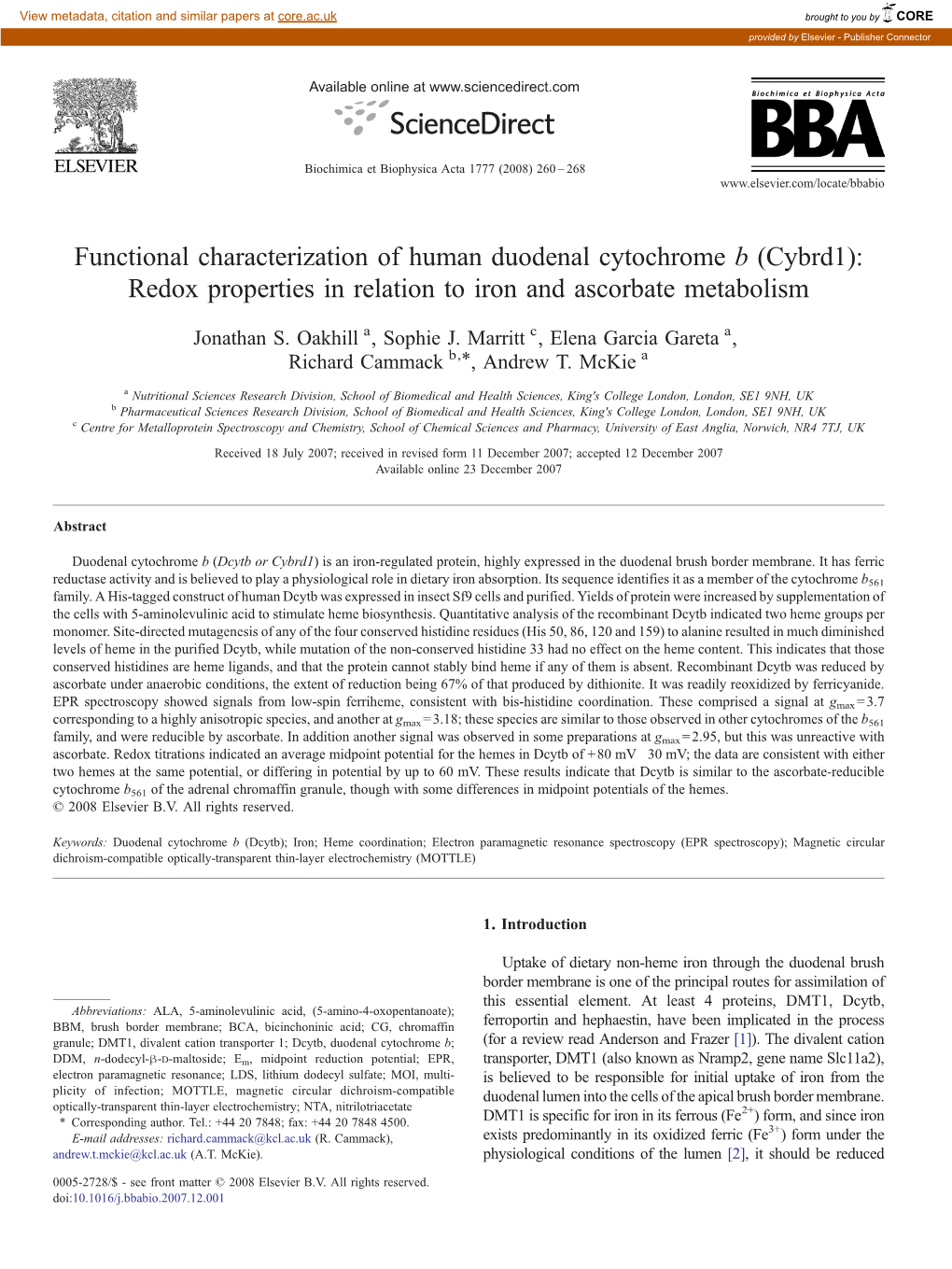Functional Characterization of Human Duodenal Cytochrome B (Cybrd1): Redox Properties in Relation to Iron and Ascorbate Metabolism
