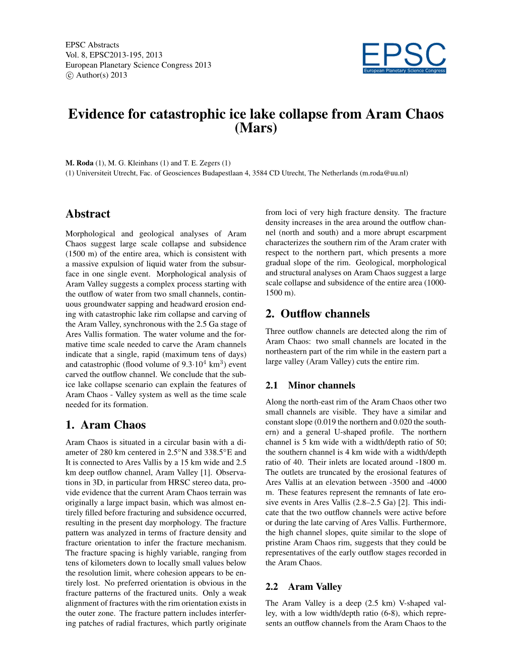 Evidence for Catastrophic Ice Lake Collapse from Aram Chaos (Mars)