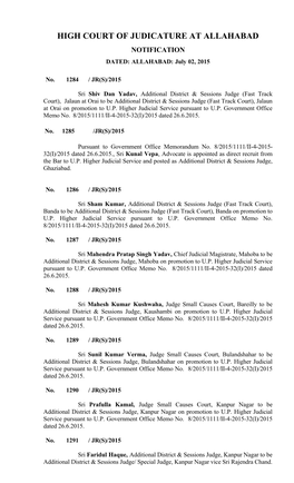 HIGH COURT of JUDICATURE at ALLAHABAD NOTIFICATION DATED: ALLAHABAD: July 02, 2015
