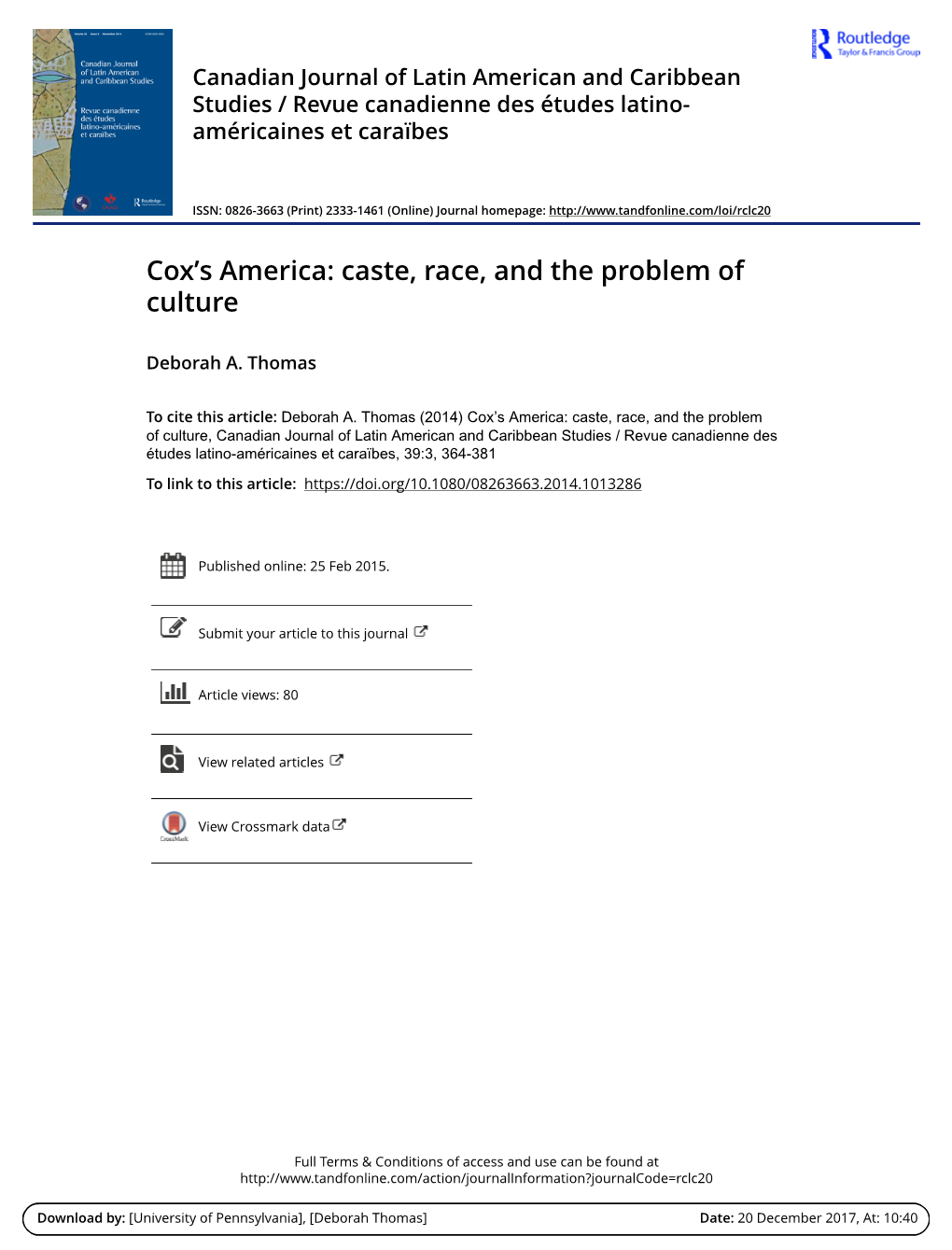 Cox's America: Caste, Race, and the Problem of Culture