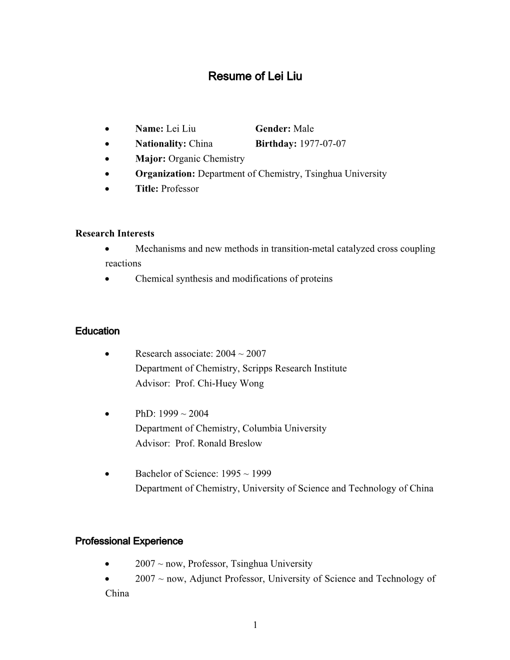 Resume of Lei Liu