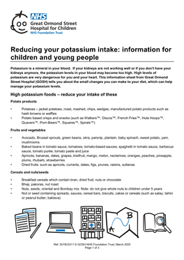 Reducing Your Potassium Intake: Information for Children and Young People