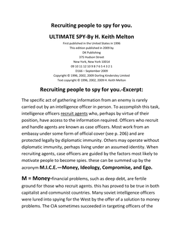 Recruiting People to Spy for You. ULTIMATE SPY-By H. Keith Melton