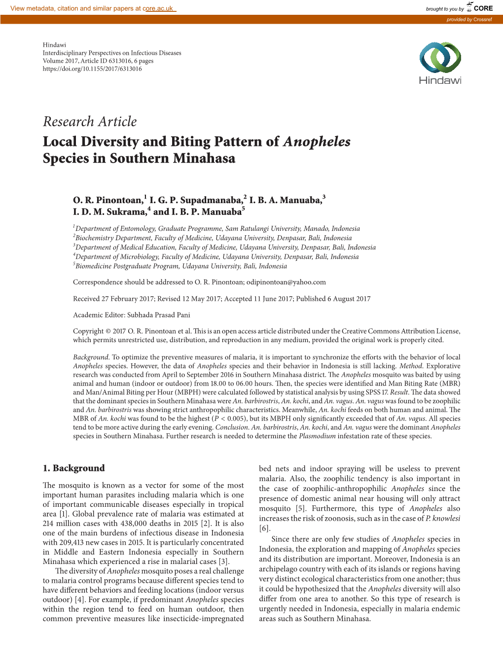 Research Article Local Diversity and Biting Pattern of Anopheles Species in Southern Minahasa