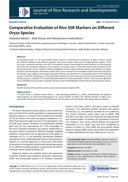 Comparative Evaluation of Rice SSR Markers on Different Oryza Species Getachew Melaku1*, Shilai Zhang1 and Teklehaymanot Haileselassie2
